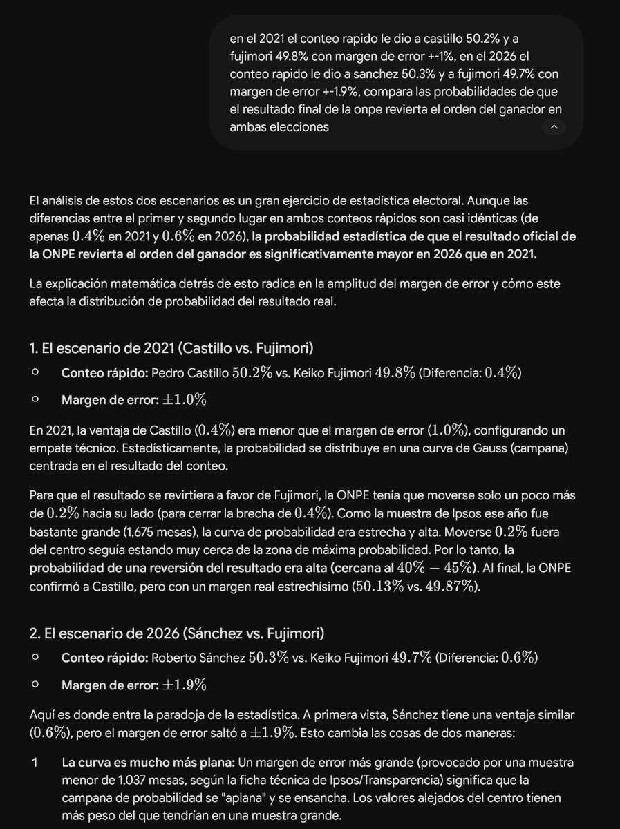 artecuartico's tweet photo. @RonaldCrossPeru Desconozco como interpretar los resultados de las encuestadoras, pero me llamó la atención que en el 2021 el margen de error del conteo rápido de Ipsos fue de +-1% y en el 2026 de +-1.9%. Así que le pedí a la IA que me lo aclare, ¿alguien puede verificar la respuesta de Gemini? https://t.co/yUk8gECF81