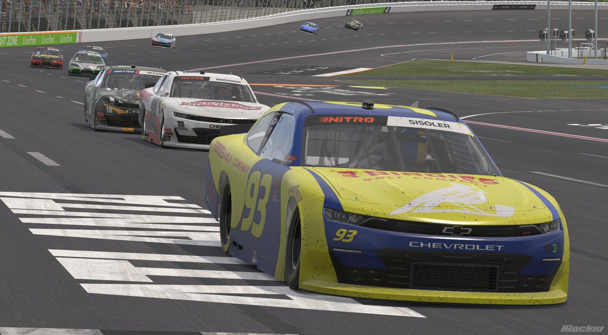 M3SMotorsports's tweet photo. Our Kyle Busch tributes fought to the end in @LeagueNitro's race @ EchoPark.
#77 #NoS ZL1 (Michael Lounsbury): Started P3, ended up P35 after the lap 81 Big One.
#87 #NoS ZL1 (@LilHooper87): Started P22, finished P17.
#93 #3Birdies ZL1 (@msisoler1531): Started P31, finished P22. https://t.co/rP5pu647iv