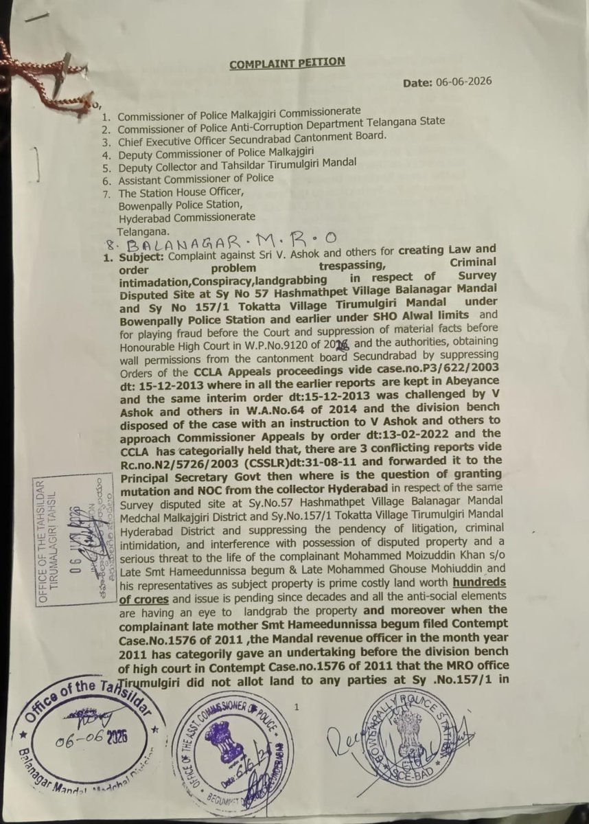 MeMoizjung's tweet photo. @MalkajgiriCop request your office to punish the landgrabbers who have missed represented before the Police Department and the Revenue department under Bowenpally Police limits all earlier reports are kept under Abeyance by the CCLA since 2013 they use the old reports https://t.co/vnkDdIWBM5