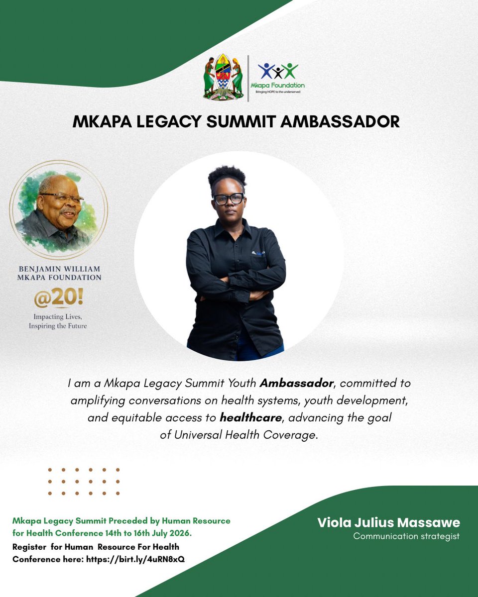 VwalaViola's tweet photo. For 20 years, the Benjamin Mkapa Foundation has been investing in people, strengthening health systems, and expanding access to healthcare across Tanzania. 

Excited to be part of the journey towards the 4th #MkapaLegacySummit and #HRHConference2026  1/2 https://t.co/R4gMP7J9Sp