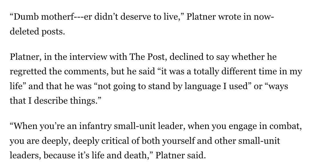 ChuckRossDC's tweet photo. Graham Platner declines to say whether he regrets saying the solider shot by Taliban was a "dumb motherfucker" who "didn't deserve to live." 

This seems like something you should regret, and something you should admit to regretting.

https://t.co/CEZJsLfGCH https://t.co/edOzxdKCHB