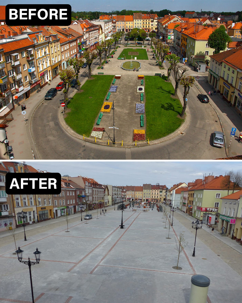 archpng's tweet photo. Before and after the renovation of the town square in Bartoszyce, Poland. https://t.co/6oCKNCb4xw