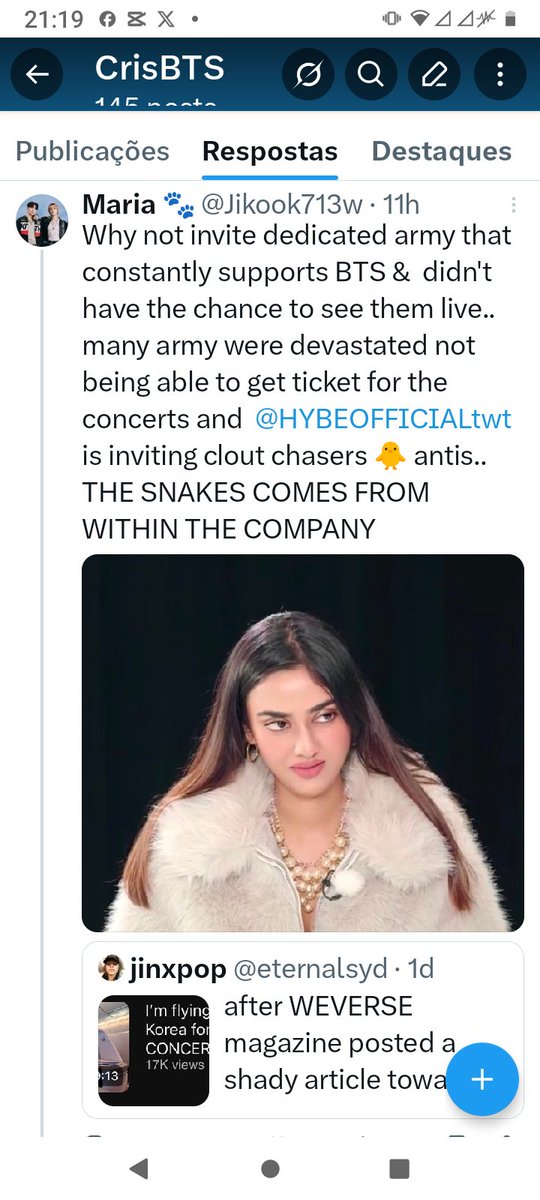CrisBTSJM's tweet photo. @ElaineB1274 @Koreaboo @HYBEOFFICIALtwt  Até quando essas pessoas vão atacar Jimin. Até quando uma hater do Jimin  fou convidada para o Show dos BTS pela Hybe. https://t.co/HflBEpEznq