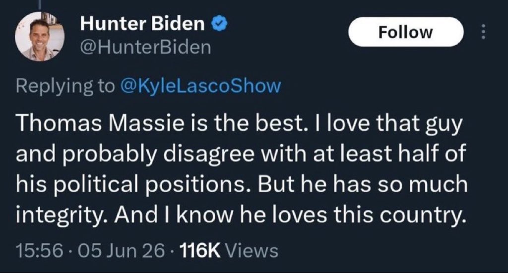 raefejenkins's tweet photo. Shoutout to Hunter Biden for showing Thomas Massie some love 👍🏻🇺🇸👏🏻👏🏻 https://t.co/JhCGCwoOSz