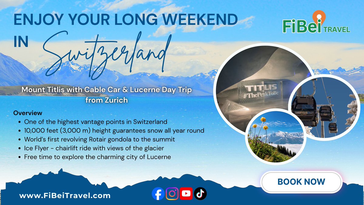 FibeiTravel__'s tweet photo. https://t.co/oPpeY4mjsy | Mount Titlis Day Trip 🇨🇭
Explore Mount Titlis and Lucerne on a guided day tour from Zurich featuring cable car rides and Alpine views 🏔️
📩 Message us to book.
#FiBeiInternational #TravelwithFiBei #Bookwithfibei #FiBeiTravel #Switzerland #MountTitlis https://t.co/ZvW82mKWA4
