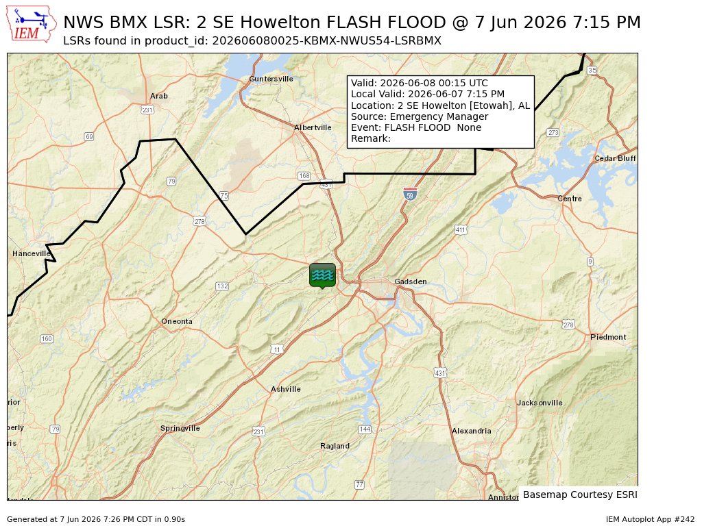 ALRadarCenter's tweet photo. At 7:15 PM CDT, 2 SE Howelton [Etowah Co, AL] Emergency Manager reports Flash Flood #alwx https://t.co/ALJ1KuXwBY https://t.co/yQ7yspooey