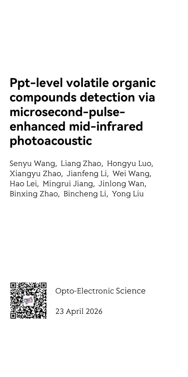 pubcard_net's tweet photo. "Ppt-level volatile organic compounds detection via microsecond-pulse-enhanced mid-infrared photoacoustic", a research paper in Opto-Electronic Science @OptoElectronAdv Full-length paper available at https://t.co/W2DJCpWcmq https://t.co/oUH7RnkIZi