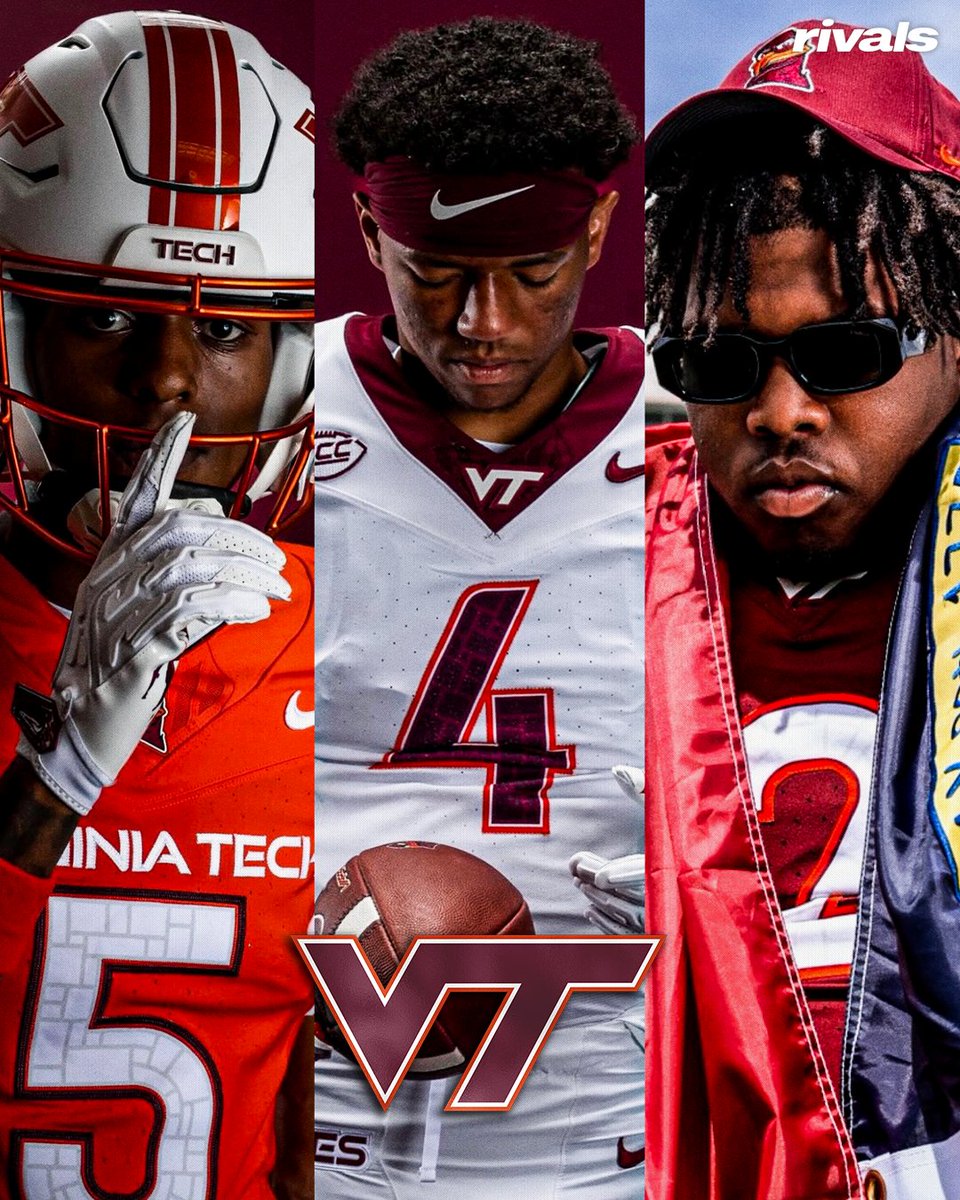 Rivals's tweet photo. Virginia Tech and James Franklin landed three 4-star recruits today🦃

WR Cam Wade
CB Bryce Woods
OT Junior Saunders

https://t.co/gBLx8QfAma https://t.co/JJXVR72ZKN