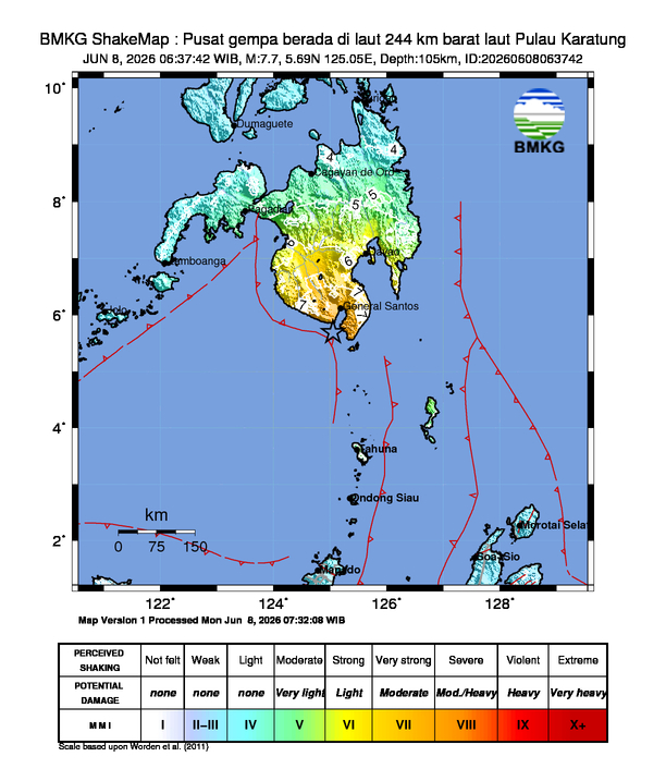 infoBMKG's tweet photo. #Gempa (UPDATE) Mag:7.7, 08-Jun-26 06:37:42 WIB, Lok:5.69 LU, 125.05 BT (Pusat gempa berada di laut 244 km barat laut Pulau Karatung), Kedlmn:105 Km Dirasakan (MMI) IV Morotai, IV Halmahera Utara, IV Toli-Toli, III-IV Kab. Gorontalo Utara, III Batang Dua, III Ternate, III Halmahera Barat, III Gorontalo, III Halmahera Selatan, III Halmahera Timur, III Parigi Moutong, III Manado, III Minahasa, III Palu, III Bitung, III Bolaang Mongondow Timur, III Halmahera Tengah #BMKG