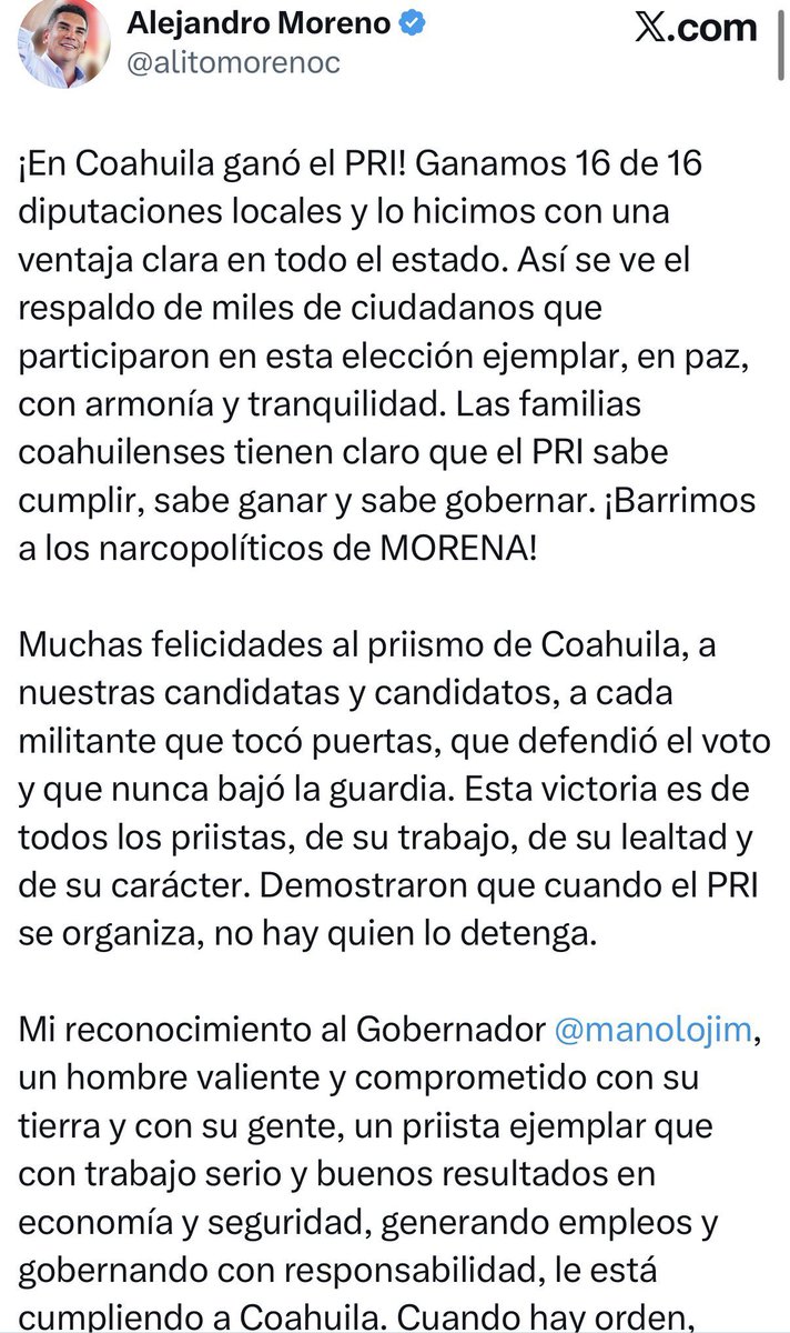 JJDiazMachuca's tweet photo. Alejandro Moreno (@alitomorenoc ) afirmó que el PRI ganó las 16 diputaciones locales en Coahuila https://t.co/qPPe2MXuBl
