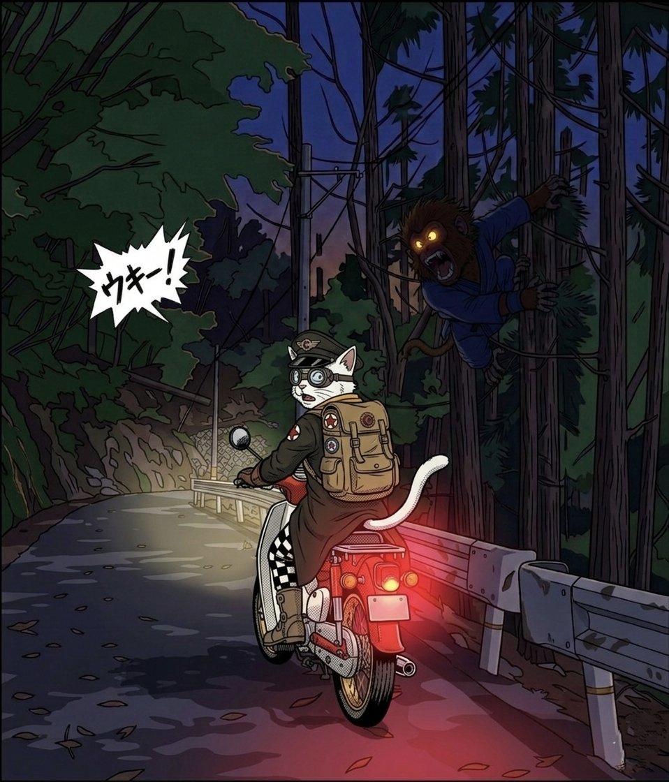 AIBikeShop's tweet photo. #AI_BikeShop
#路地猫の旅
#OriginalWorld
#AIart　
#国道193号
⚠️実際に経験した物語。
霧越峠を越えた先。

夜に近い夕暮れの酷道193号。
対向車も来ない。

猿🐒
「ウキー！」
路地猫
「お前か！クマも怖いが、 
猿も十分びっくりするんだぞ！」😹

四国の山道、 油断大敵。

2枚目が漫画です😸 https://t.co/VBq5C9FKDd