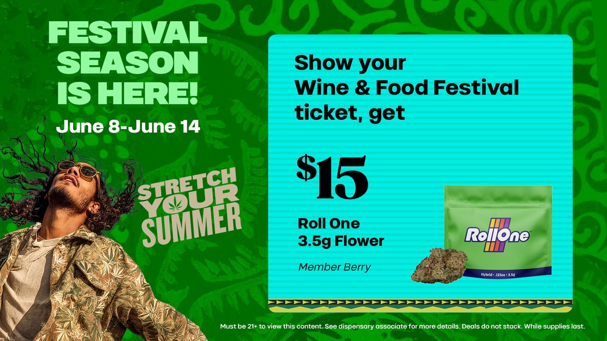 TrulieveMD's tweet photo. Festival season just got better😎🥳 Show your Wine &amp; Food🍷🍔 Festival ticket and score @ro_letsroll  3.5g flower for just $15👀📣👏 Limited time, don’t miss it: https://t.co/FWHEIHN40e https://t.co/HLs6DQWC0j