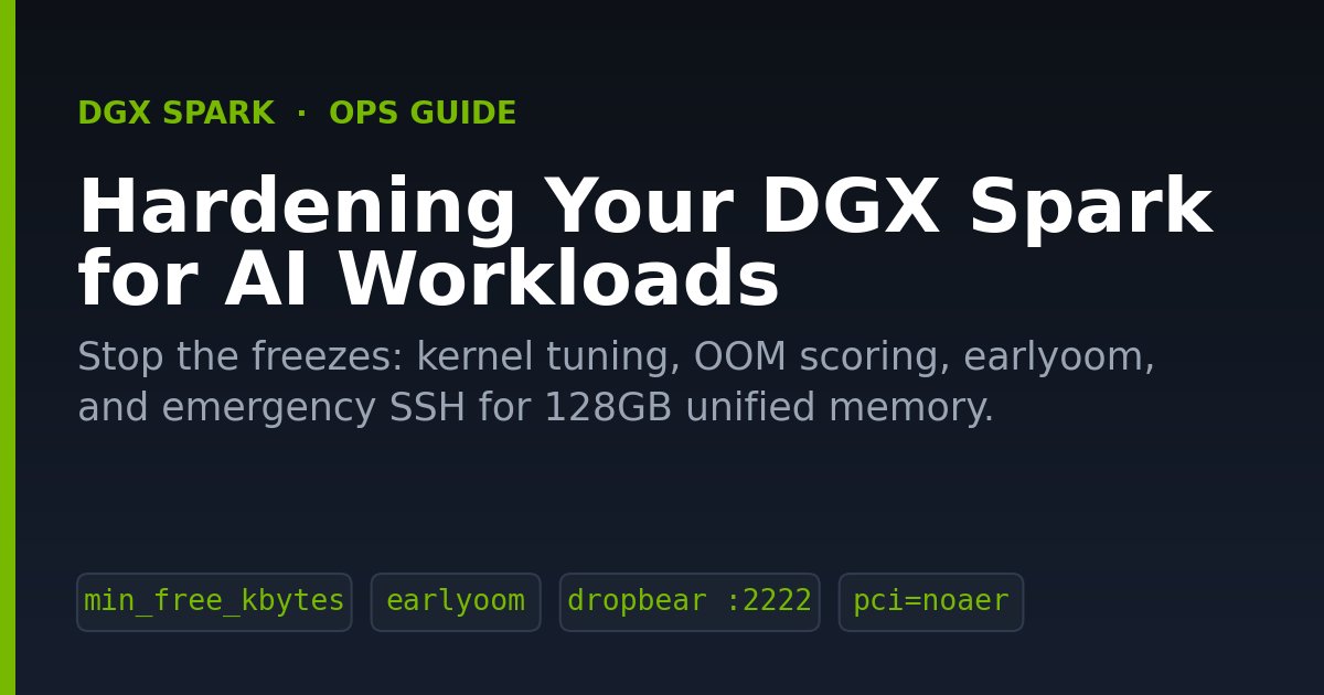 geeta4c's tweet photo. The DGX Spark's 128GB unified memory is its strength and its risk: with no separate VRAM, a GPU out-of-memory event can take down the whole system.

A practical guide to hardening it for stable AI workloads - kernel tuning, OOM scoring, earlyoom, and emergency SSH: https://t.co/LpfE0fKmpZ