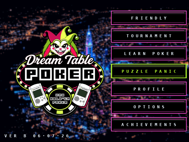 GlowHareStudio's tweet photo. So unlike other poker/casino games we wanted to build a fun on-boarding mode to get players use to poker hands. After a bit of brainstorming we came up with Puzzle Panic Poker. Puzzle Panic Poker is a falling block style game inside Dream Table Poker that allows one or two players to learn poker hand types without ever playing a hand of poker. Here 4 or more hands (Flushes, Straights, Full Houses, ect.) will clear the row in a mix of Dr Mario & Texas Hold'em.