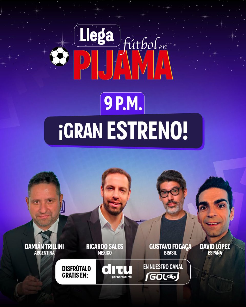 josedavidlopez_'s tweet photo. ¿Conocer cada gol, historia, detalle y análisis del #Mundial26 ⚽️ antes de ir a dormir?

#Colombia 🇨🇴, desde YA os espero cada una de las 43 noches mundialistas hasta la Final, en @GolCaracol - @Ditu_Tv para 'Fútbol en Pijama'

¡Vente cada noche con este equipazo internacional! https://t.co/WQse7cn0E1