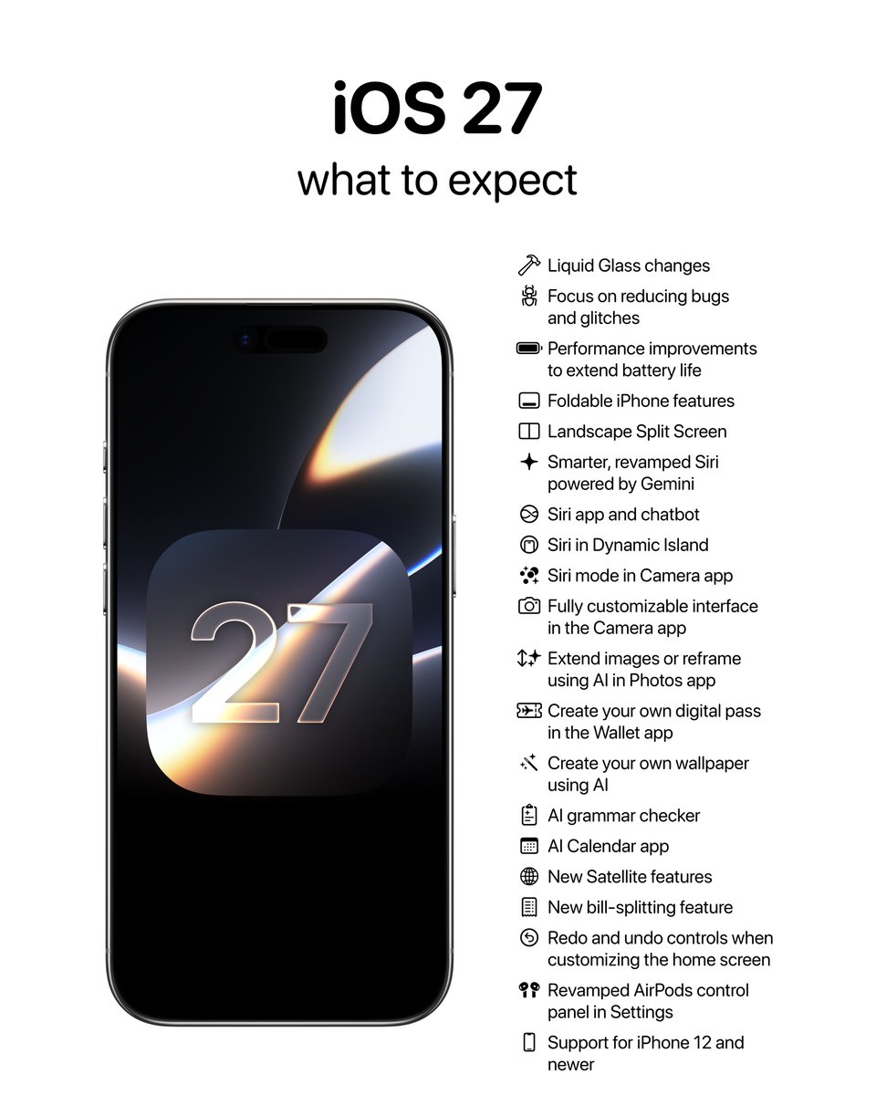 theapplehub's tweet photo. What to expect from iOS 27 at #WWDC tomorrow! 🔥 https://t.co/CLj9DjNDHz
