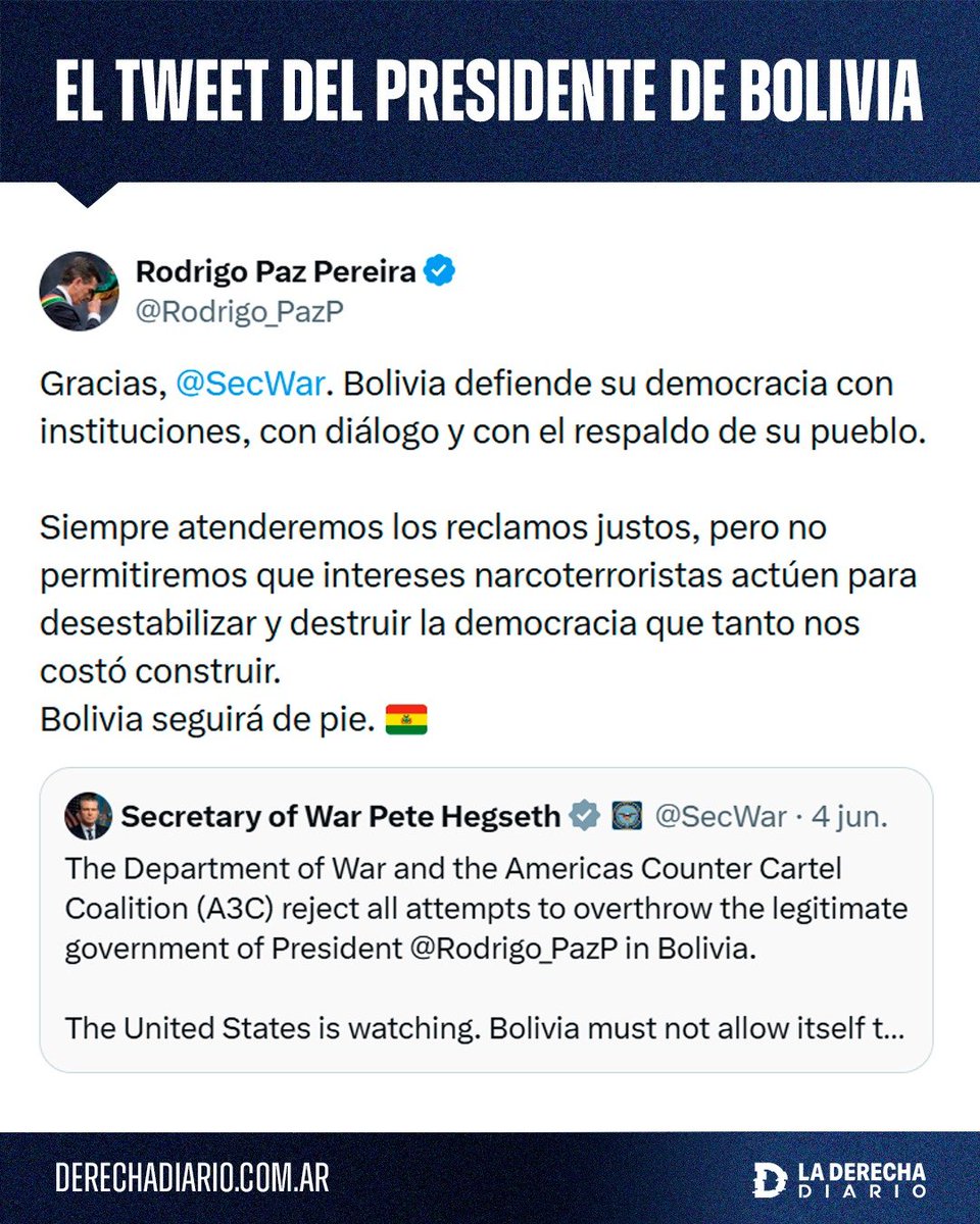 laderechadiario's tweet photo. 🚨🇧🇴🇺🇸 | El presidente derechista de Bolivia, Rodrigo Paz, agradeció al secretario de Guerra de Trump, Pete Hegseth, por su respaldo frente al intento de golpe de Estado impulsado por el pedófilo Evo Morales en Bolivia:

"Siempre atenderemos los reclamos justos, pero no permitiremos que intereses narcoterroristas actúen para desestabilizar y destruir la democracia que tanto nos costó construir. Bolivia seguirá de pie".
