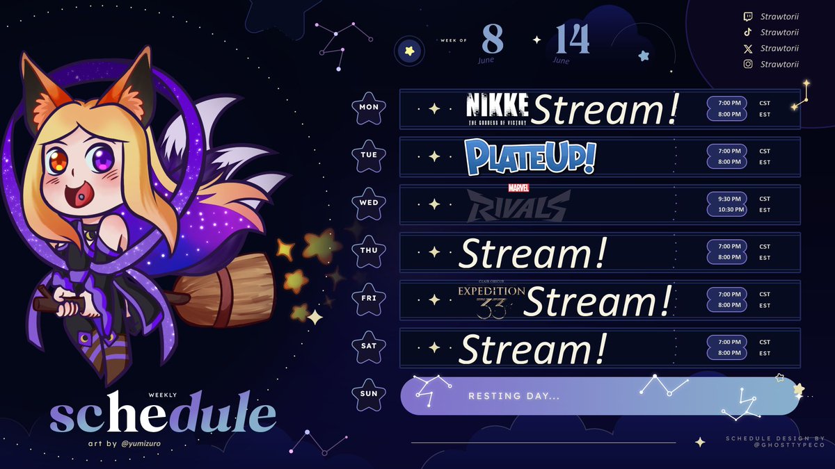 Strawtorii's tweet photo. Stream schedule this week! https://t.co/TcQZ3sngDk