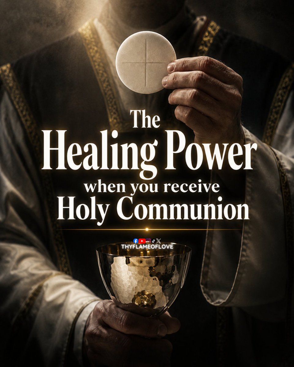 thyflameoflove's tweet photo. What if the most powerful healing force in the world has been sitting in Catholic churches for 2,000 years and most people have no idea?

The Church teaches that the Eucharist is truly Jesus Christ: His Body, Blood, Soul, and Divinity. That is why the Catechism calls it:
➜ "The source and summit of the Christian life." (CCC 1324)

Every time we receive Holy Communion worthily, we are not receiving a thing. We are receiving a Person.

Jesus Christ Himself.

The Eucharist was given to strengthen us, help us grow in holiness, and unite us more deeply to God. It increases sanctifying grace, deepens charity, and helps preserve us from serious sin (CCC 1391–1395).

That is why so many saints spoke about the Eucharist with such love and urgency.

Saint Ignatius of Antioch (AD 35–107) called it:
➜ "The medicine of immortality."

Saint John Paul II (1920–2005) taught that the Eucharist gives Christians strength for daily life and suffering.

Saint Padre Pio (1887–1968) centered his entire spiritual life on the Mass and Holy Communion.

Scripture points us to this healing power as well:
➜ "By His wounds we are healed." (Isaiah 53:5)

And Jesus says:
➜ "Whoever eats my flesh and drinks my blood has eternal life, and I will raise them up on the last day." (John 6:54)

The Church does not teach that Holy Communion is a guaranteed physical cure. It is not a replacement for doctors, medicine, or proper medical care.

But the Church does teach that Christ works through the sacraments. Through Holy Communion, He brings spiritual healing, forgiveness of venial sins, peace, strength in suffering, deeper conversion, and the grace we need to follow Him faithfully.

And sometimes, according to His will, God may also grant physical healing.

The real question is this:
If the Eucharist is truly Jesus Himself, why do so many Catholics receive Him so casually?

💬 Have you ever experienced a real change in your life after receiving Holy Communion?
