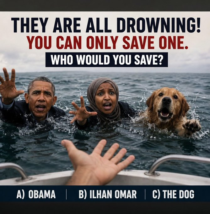 DC_Andreka's tweet photo. Choose wisely 

A) Obama 
B) Omar
C Dog https://t.co/10obUps4Lr