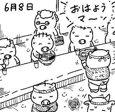 ブタさんたちは温かい🍜で汗まみれになりながら夏の到来を感じているようです。サマーシーズンはもうすぐ! 
