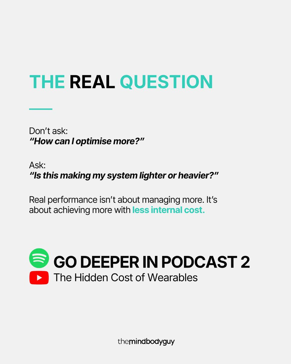 TheMindBodyGuy1's tweet photo. Most high performers ask:
"How can I optimise more?"

A better question is:
"What is this costing my system?"

Because what starts as awareness can quietly become maintenance. And maintenance always has a cost.

The goal isn't to manage more. It's to operate with less internal effort.

🎙️ Go deeper in Podcast 2: The Hidden Cost of Wearables
Link in bio to watch. 

#MindBodyGuy #HumanEfficiency #HighPerformance #BurnoutRecovery