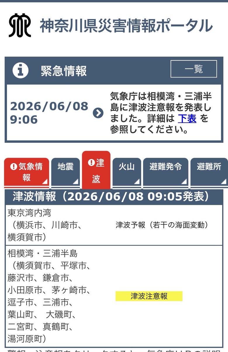 purplephrase's tweet photo. フィリピン付近で発生したM8.2の地震により神奈川県にも津波注意報、予報が出ています。
東京湾内、横浜市は若干の海面変動の予報です。海に見に行ったり近づかないようご注意ください。
#津波注意報　#神奈川県　#横浜市 https://t.co/GjCWTY9fGn