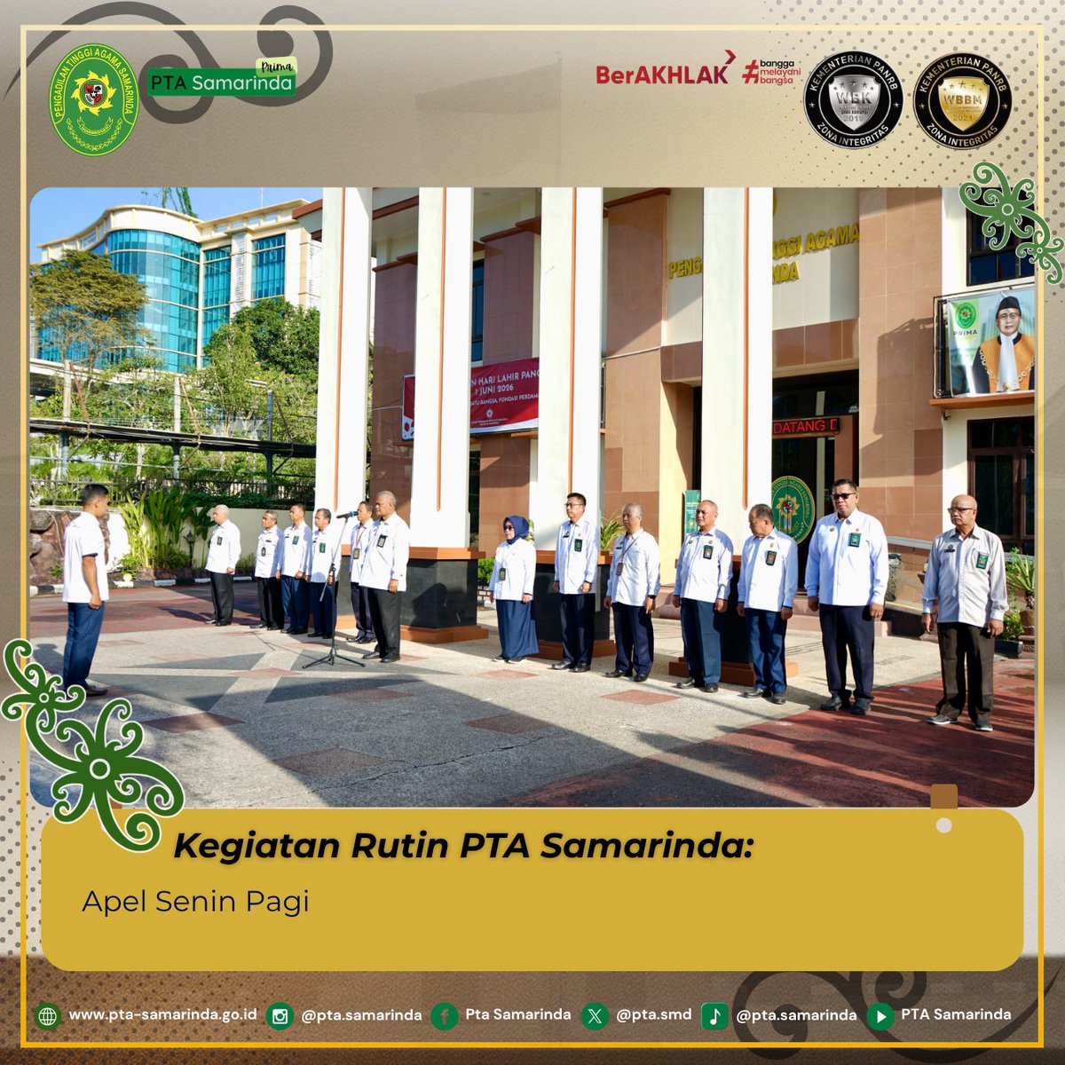 ptasmd's tweet photo. Senin, 25 Mei 2026
Pengadilan Tinggi Agama Samarinda laksanakan Apel Senin Pagi di halaman kantor. Apel diikuti oleh seluruh aparatur dengan pembina apel Hakim Tinggi YM Bapak Dr. Drs. Suryadi HS, S.H., M.H.

#ptasamarinda
#PTASamarindaPRIMA

Adm Z.H. https://t.co/Xf2snbaCDo