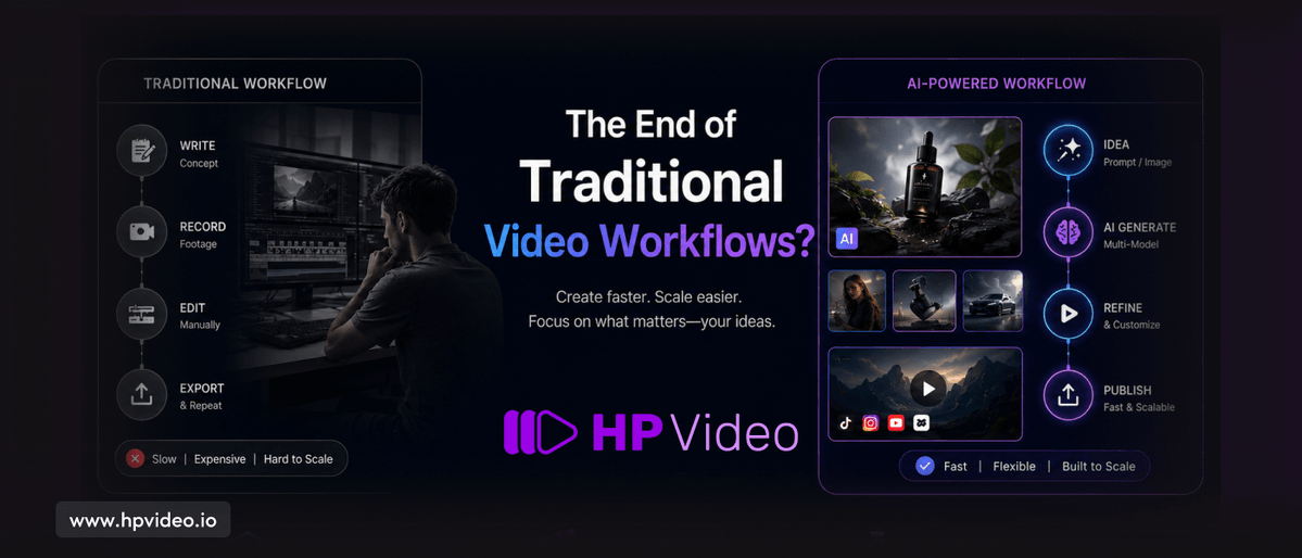 HPVideoAI's tweet photo. Traditional editing workflows are slowing creators down.

In 2026, more creators are switching to AI video generation for faster production, multi-model flexibility, and scalable content creation.
 👇
https://t.co/JQPuJhaojr 
#AIVideo #CreatorEconomy #GenerativeAI #HPVIDEO https://t.co/tmrrnypvZK