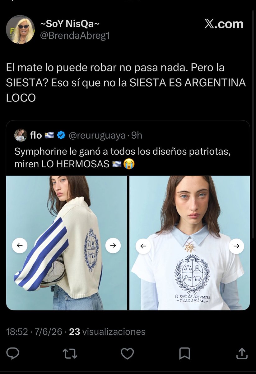 reuruguaya's tweet photo. Este comentario me mató, ahora no podemos poner SIESTA en una remera porque es Argentina 😭😭 https://t.co/OMoAhyFlb6