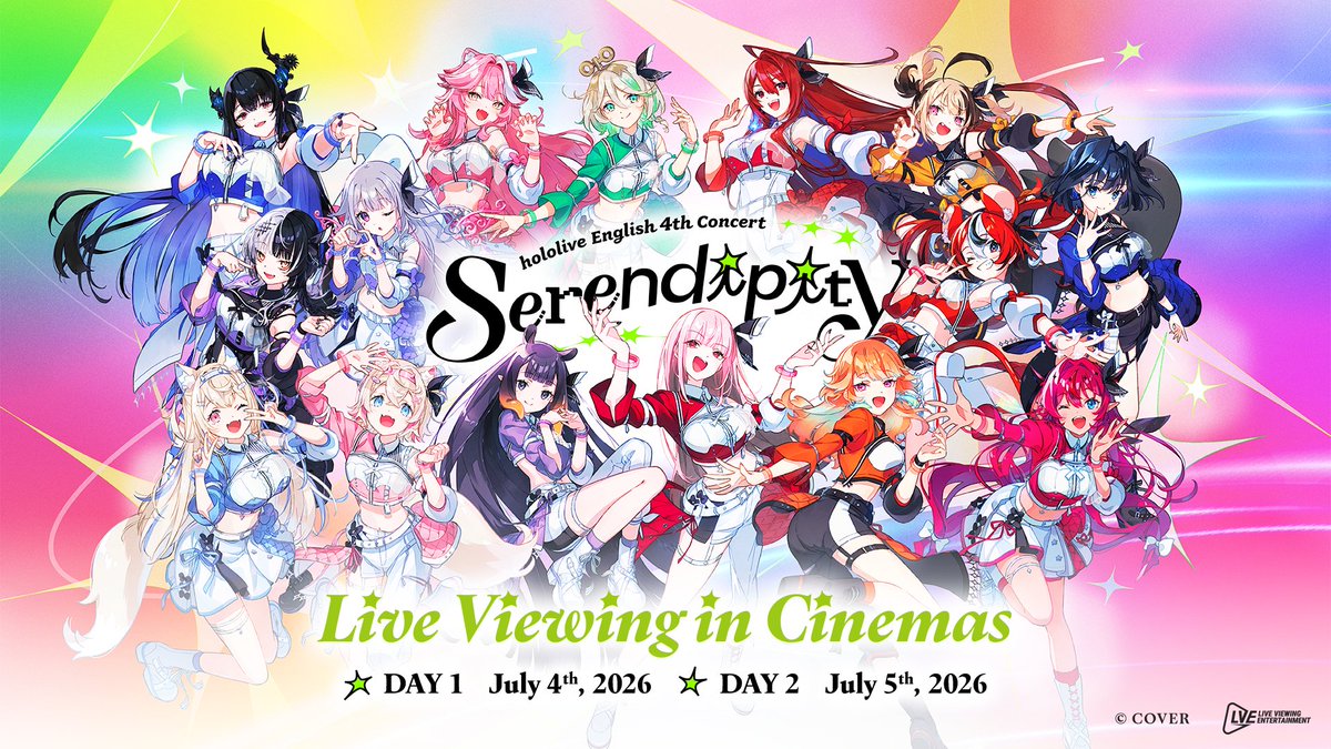 LiveViewingEnt's tweet photo. All fans of hololive English, this is your moment! hololive English 4th Concert -Serendipity- is coming live to cinemas near you!  ✨🍀

From LA to your big screen, experience one of the biggest hololive concerts together across 2 days of unforgettable performances, loud energy and all your fan-favourite music! 🎶 Don't miss this chance to catch all your favorite members together 💖

📅 Sat, July 4 11AM GMT+8 & Sun, July 5 11AM GMT+8 
📍Hong Kong, Macau, Taiwan, Indonesia, Thailand, Malaysia, Singapore, Australia, Korea, Mexico

Ticketing details coming soon, stay tuned! 👀

#holoSerendipity #hololiveEN #hololiveproduction #LVE