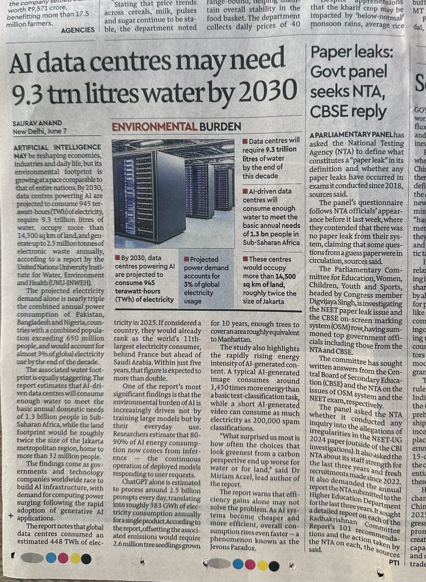 iamrakeshbansal's tweet photo. AI data centres could need a shocking 9.3 trillion litres of water by 2030!
According to a new UNU-INWEH report:
•  AI data centres will use 945 terawatt-hours (TWh) of electricity by 2030 — almost 3% of global electricity.
•  This is enough to rank them as the world’s 11th largest electricity consumer.
•  They will need 9.3 trillion litres of water — enough to meet the basic annual needs of 1.3 billion people in Sub-Saharan Africa.
•  They will occupy more than 14,500 sq km of land (roughly twice the size of Jakarta).
•  They will generate up to 2.5 million tonnes of electronic waste every year.
The environmental burden of AI is growing extremely fast — from huge power use and water consumption to massive land use and e-waste. Efficiency alone won’t solve it.
A big wake-up call for the future of AI infrastructure.
https://t.co/yyVlVGZPDl