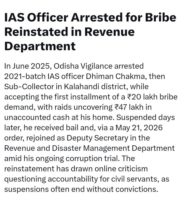 KirtiAzaad's tweet photo. na khaunga Na khane Doonga
Wah Modi jee Wah

Corrupt IAS officer caught taking bribe and…..

Caught red-handed accepting a ₹10 lakh bribe.
Arrested.
Suspended.
Reinstated.
Now promoted to Deputy Secretary, Revenue Department. https://t.co/2sBxp5AWG3