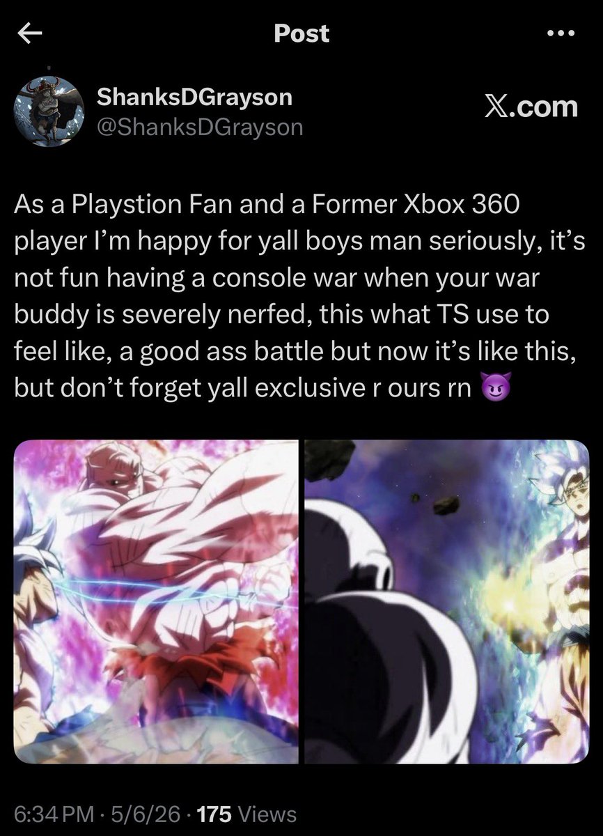 ShanksDGrayson's tweet photo. @redDeadCarnaGe @elvergalargazzz @TheRealZephryss You dumb asf 😂but I’m not a fan boy I just know what’s better, I’ve said in the past that I miss when Xbox was doing good and it was competitive because we got good games are you high and I got PlayStation and a strong pc so I can play what ever including Nintendo games lmao https://t.co/SgDsGe6uu3