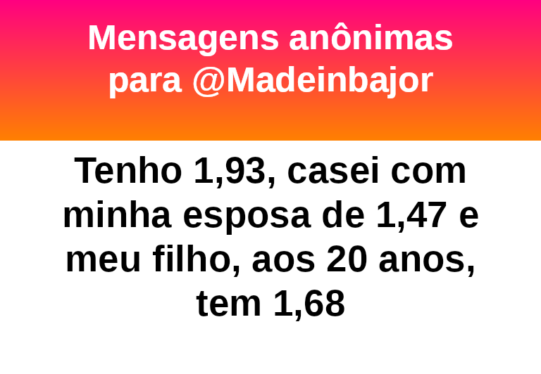 madeinbajor's tweet photo. Eu tenho 1,60 meu ex marido tem +ou- 1,80 e meu filho tem 1,85  #bajo41238 https://t.co/8sx6crmdiy