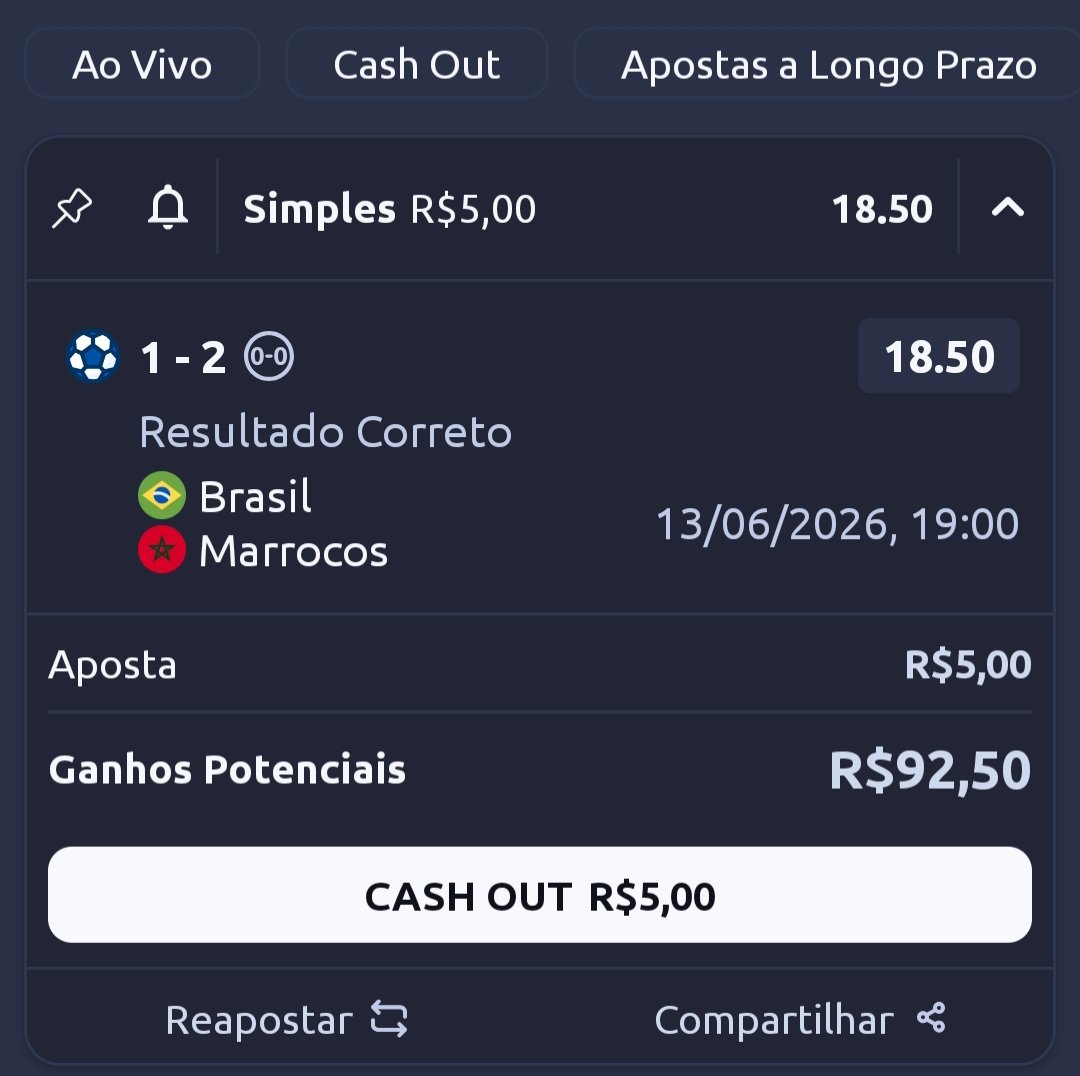 TonhaoFla1978's tweet photo. #Copa2026 : Pronto. 💵 💰 Já coloquei os meus R$ 5,00 no placar do 1° jogo da Seleção. ⚽
#BRA 🇧🇷 1 x 2 🇲🇦 #Marrocos.
#Betano ⭐ #Aposta 🚩 #WC https://t.co/9EiVc827Wx