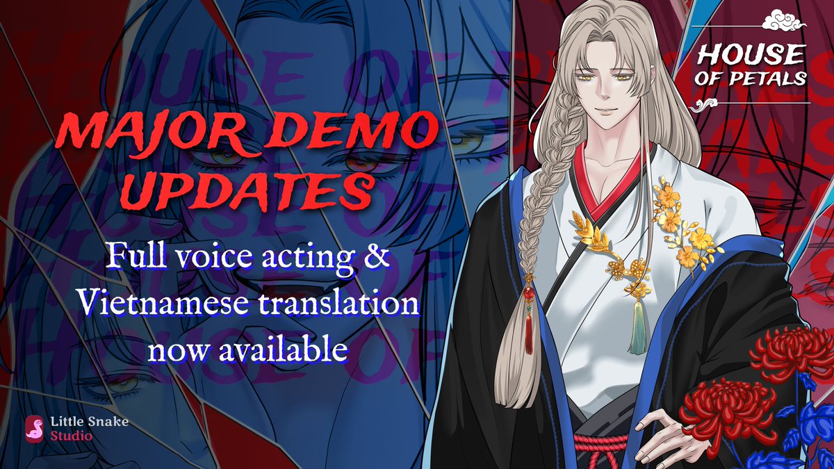 LittleSnakeDev's tweet photo. [Big demo updates] Two big updates to the House of Petals demo are live now: full voice acting and a complete Vietnamese translation. If you haven't played yet, or want to experience it again, now's the time #houseofpetals #otome https://t.co/cDlNeK4Hbk
