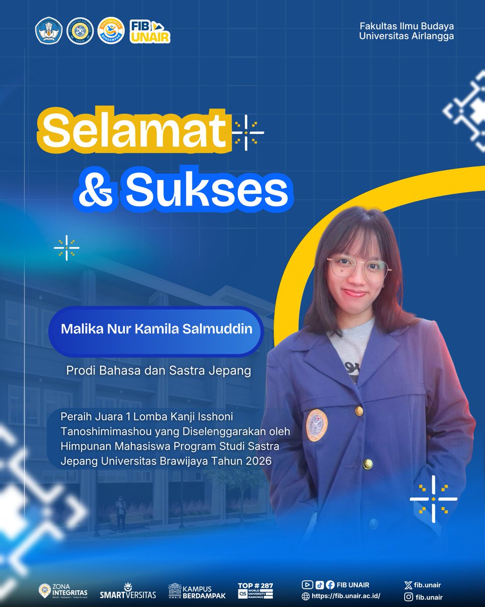 FIB_Unair's tweet photo. 🏆✨ Selamat &amp; Sukses! ✨🏆

Selamat kepada Malika Nur Kamila Salmuddin, mahasiswa Program Studi Bahasa dan Sastra Jepang, Fakultas Ilmu Budaya Universitas Airlangga, atas prestasi gemilang sebagai:

🥇 Juara 1 Lomba Kanji Isshoni Tanoshimimashou Tahun 2026 https://t.co/ncdHw9C5z0
