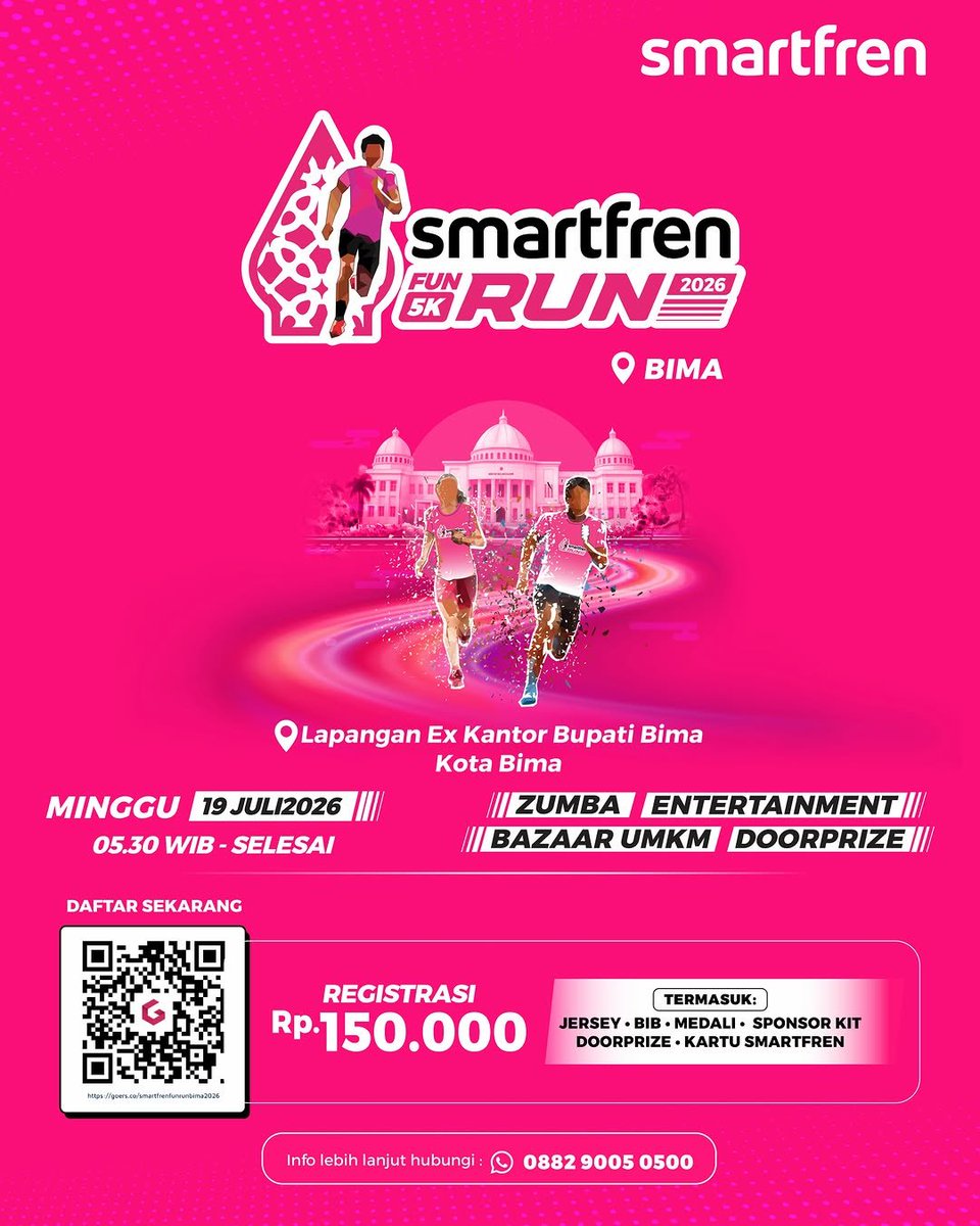 JadwalLari's tweet photo. 👟Smartfren Fun Run 2026 Bima
🗓️Minggu, 19 Juli 2026
🏃♂️5K
🏠Lapangan Ex Kantor Bupati Bima, Jl. Soekarno-Hatta, Paruga, Rasanae Barat, Bima, NTB
#JadwalLari #FunRun #InfoLariBima #EventLariBima #SmartfrenFunRun2026Bima https://t.co/mnrSDqoed7