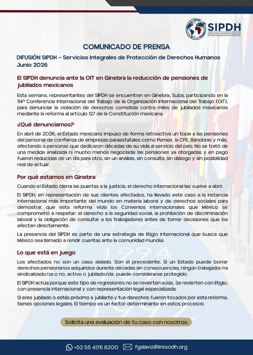 jpamaness's tweet photo. ¿Alguna vez imaginaron un país donde la última esperanza de justicia para miles de jubilados no estuviera en sus tribunales, sino en organismos internacionales?

Pues ya existe.
Se llama México.

Mientras el gobierno presume respeto al Estado de Derecho, jubilados mexicanos han llevado su caso hasta la OIT en Ginebra para denunciar la reducción retroactiva de sus pensiones.

@AdriDelgadoRuiz @alitomorenoc @energiaadebate @jubiladosPemex @LuisCardenasMx @senadomexicano @Mx_Diputados @ForoConstMex