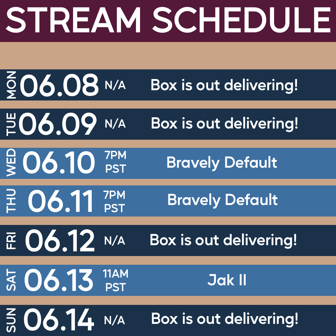 AzeltheBoxel's tweet photo. Schedule // 06.08-14

I've got some obligations on Monday, so we're moving a Bravely stream to Thursday! Aside from that, the usual this week!

#ENVtuber #Vtuber https://t.co/6tHgAC8c50