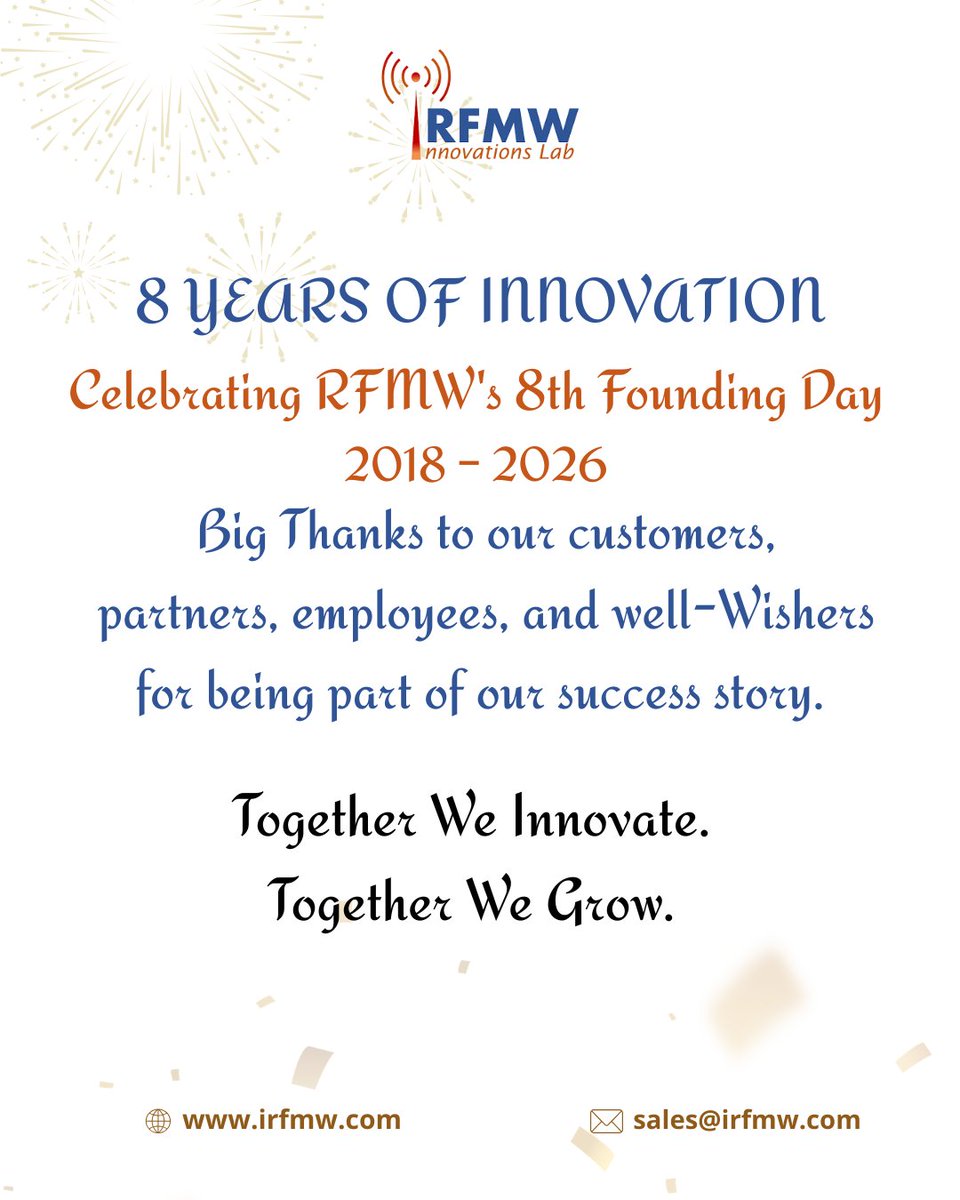 RFMW_'s tweet photo. 🎉 RFMW celebrates 8 Years of Innovation!

A heartfelt thank you to our customers, partners, employees, and well-wishers for being part of our journey and success story.

���� Together We Innovate.
📈 Together We Grow.
#RFMW #8YearsOfInnovation #FoundingDay #Innovation #Technology https://t.co/Hgv1TBWfeH