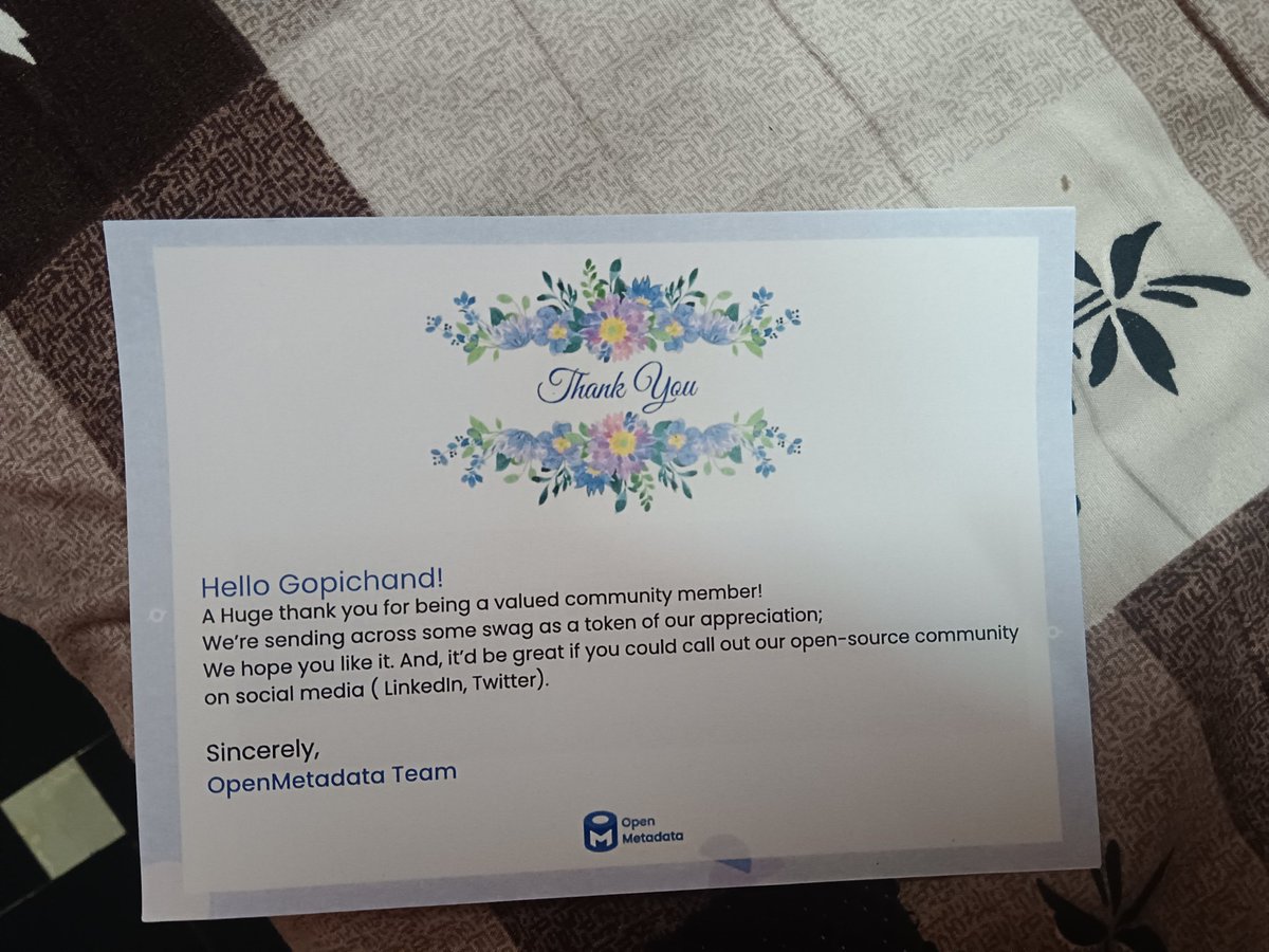 GopichandAI's tweet photo. A surprise package from @open_metadata arrived today! π
As a fresher in tech, being recognized by an open-source community means a lot. Grateful for the swag and excited to keep learning, building, and contributing. π
#OpenMetadata #OpenSource #Tech https://t.co/z9y03urLZM