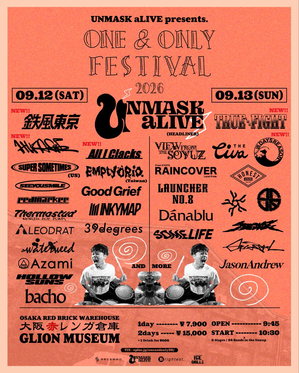 Azami_jp's tweet photo. 【SHOW INFO】

2026.09.12(Sat)-13(Sun) @大阪赤レンガ倉庫 
UNMASK aLIVE pre. @unmaskalive 
ONE &amp; ONLY FESTIVAL 2026

⚠️Azami 09.12(Sat)出演⚠️

🎫オフィシャル最終先着先行🎫
https://t.co/8ljEeZeXjn
※5/28(木)18:00 ~ 6/28(日)23:59 https://t.co/x9znojtahx