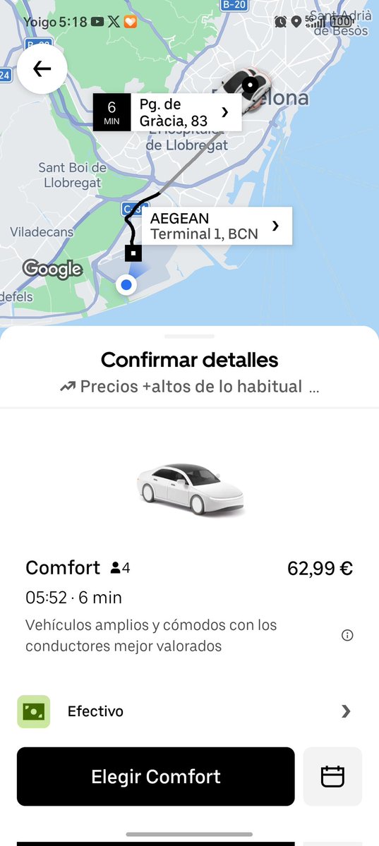 Elite_TaxiBcn's tweet photo. Ahora mismo hay alta demanda en @Uber en Barcelona. Un trayecto desde Paseo de Gràcia hasta la Terminal 1 del Aeropuerto de Barcelona supera los 62 €. Un precio totalmente desproporcionado.
En taxi, el mismo recorrido ronda los 45 €, e incluso puede salir más económico si se toma directamente en la calle.
La famosa "tarifa dinámica" vuelve a demostrar quién paga realmente las consecuencias cuando aumenta la demanda. 🚕💸 #Estafa #Engaño #MejorenTaxi #TaxienLucha