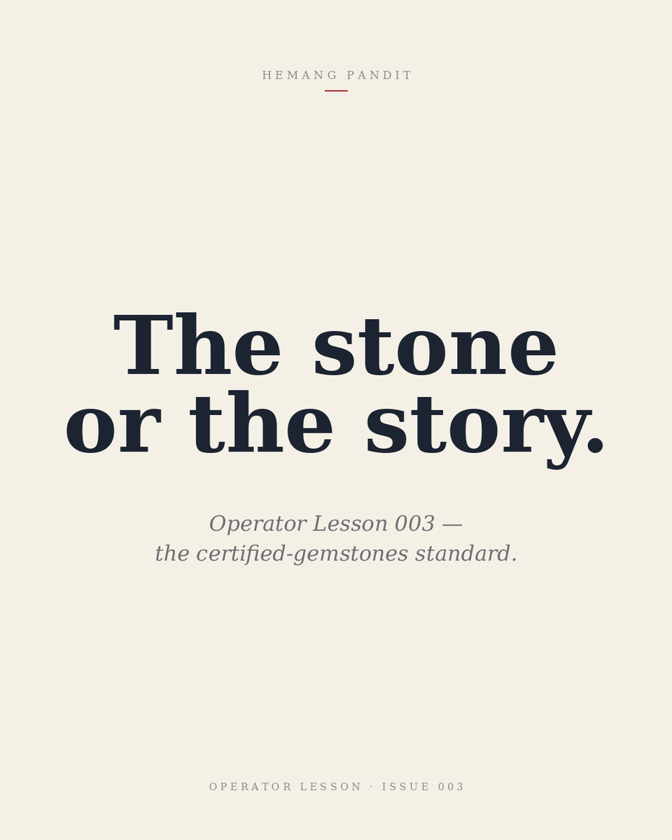 hem_pan's tweet photo. Operator Lesson 003: The certified-gemstones standard.

Every astrological gemstone we ship comes with a lab certificate. No exceptions.

Industry sells lab-grown stones as natural with fake certificates from sister labs. Customer can't tell. The certificate is the only proof.

Full essay ↓