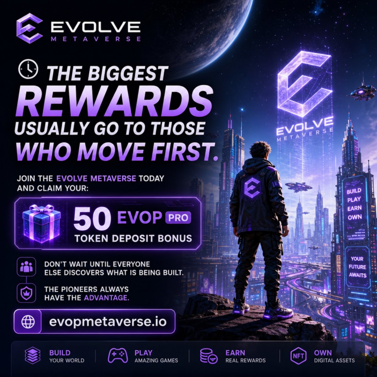 EvolveTKN's tweet photo. The biggest rewards usually go to those who move first.

Join the Evolve Metaverse today and claim your:

50 EVOP Pro Token Deposit Bonus

Don't wait until everyone else discovers what is being built.

The pioneers always have the advantage.

https://t.co/oRc3MCD6I1 https://t.co/ocOHTD0sIZ