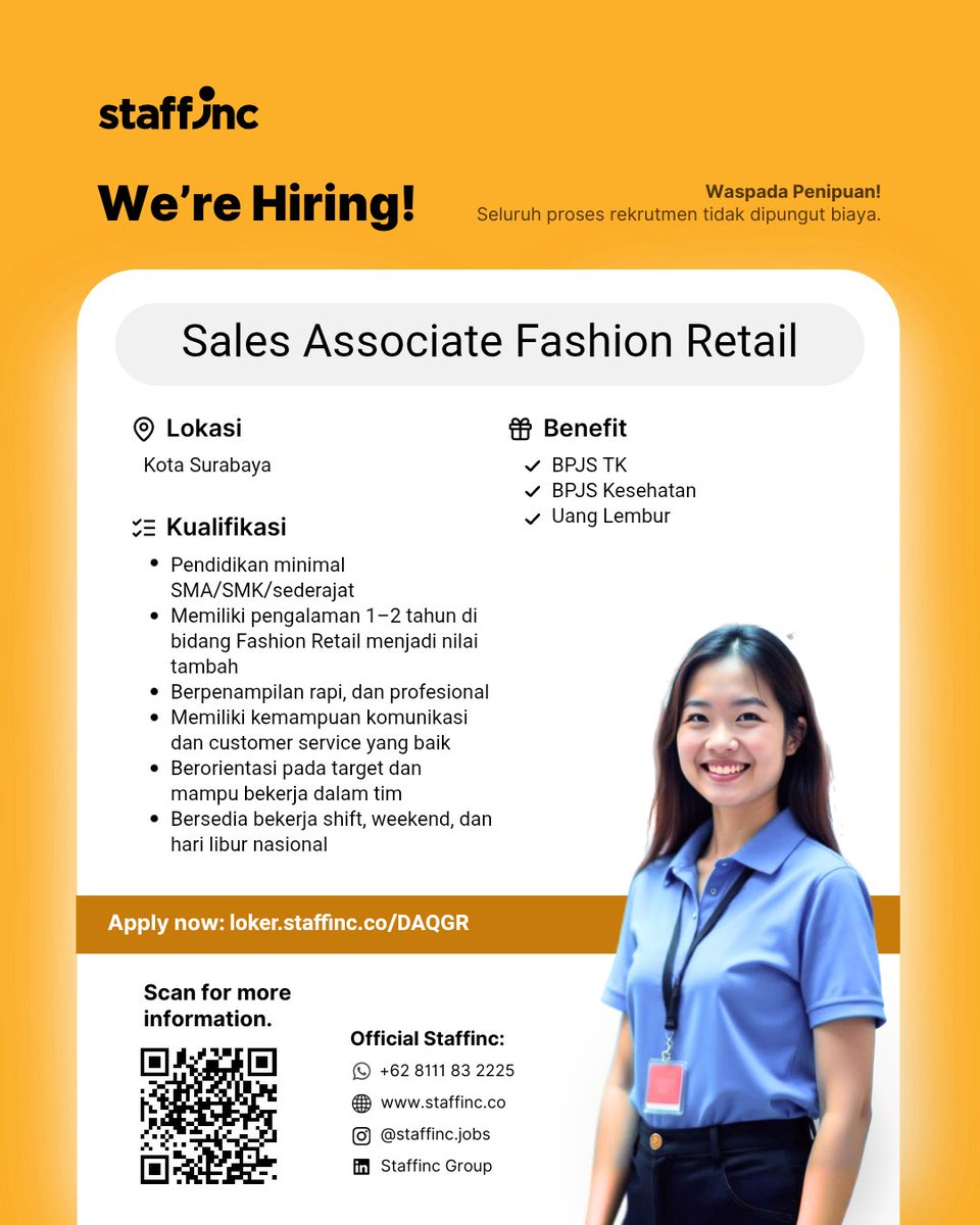 weekent12's tweet photo. Staffinc Group sedang membuka lowongan untuk posisi Sales Associate Fashion Retail di Bukalapak.

📍 Lokasi: Kota Surabaya
💼 Tipe Pekerjaan: Kontrak
💰 Gaji: Rp 5.000.000 - Rp 5.500.000

Klik link berikut untuk melamar:
https://t.co/0JYtxMhrt3 https://t.co/H03BcQTsnP