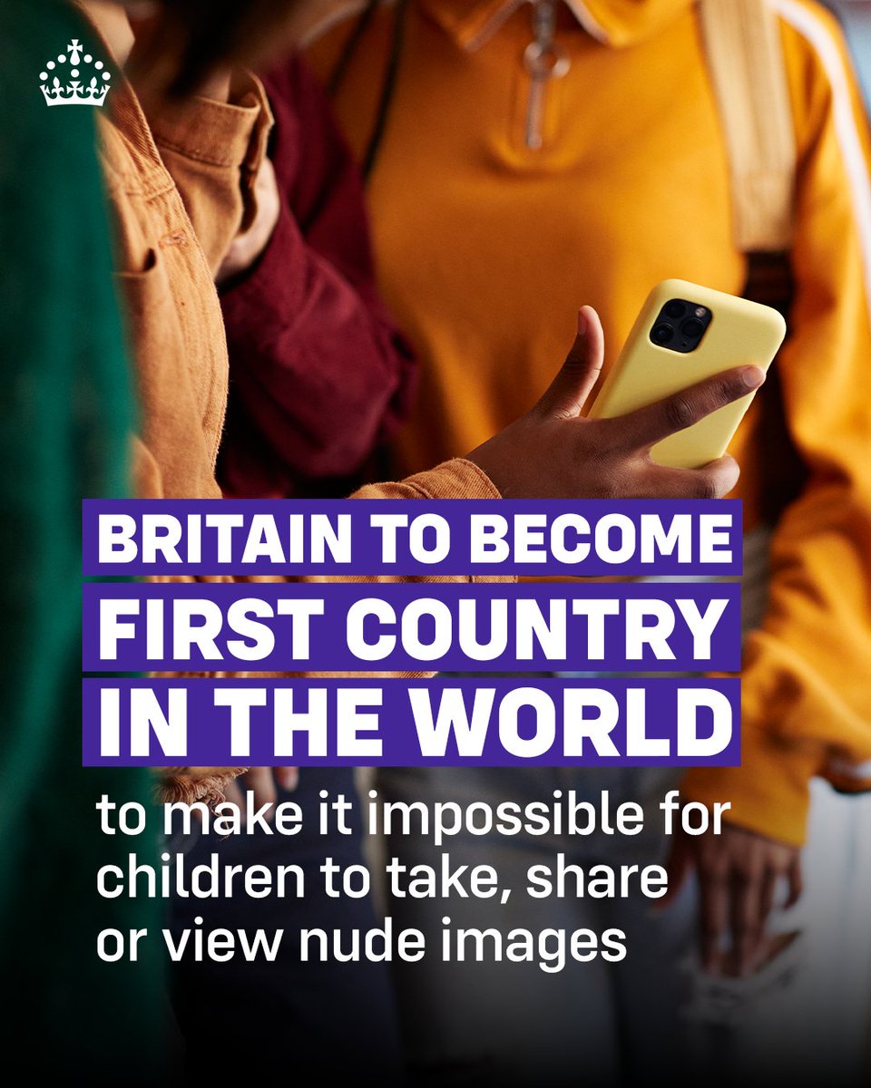 ukhomeoffice's tweet photo. Big Tech companies like Apple and Google have been given three months to activate built in safeguards on smartphones and tablets to detect and block nude images for children.

This will prevent predators from exploiting and abusing victims through their devices, as well as stopping children accessing pornography.

If companies do not act within three months, the government will bring forward legislation to force them to activate the technology.

This will include fines for companies and, as a last resort, we are exploring criminal liability for tech bosses who fail to comply.

91% of online child sexual abuse reports recorded in 2024 contained self‑generated content. Children as young as five are being groomed, manipulated and coerced by online predators into creating and sharing explicit images.

Predators then use these images to blackmail children into creating more extreme content and, in the most horrific cases, children have committed suicide on livestream or engaged in self‑harm.

These features are not about surveillance or policing people’s phones - they are about protecting our children from vile predators.

Over‑18s will still be able to view adult content by providing proof of age.

There is no data collection, no monitoring and no reporting. The device will simply block harmful content across all apps and services.

This will make Britain the first country in the world where it is impossible for children to take, share or view naked pictures on their devices.