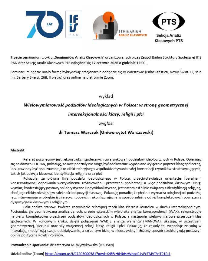 katewyrzyk's tweet photo. III Seminarium Analiz Klasowych (Warszawa + online): Wielowymiarowość podziałów ideologicznych w Polsce: w stronę geometrycznej intersekcjonalności klasy, religii i płci

17.06, godz. 12:00

Udział online: https://t.co/cGSqf7RrKZ https://t.co/gIAz9SfbcD